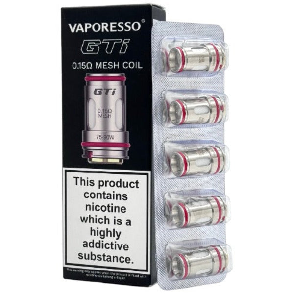 Vaporesso GTi 0.15 ohm Mesh Coil 5-pack showing the black retail box next to five replacement coils in a silver blister pack - Best4vapes
