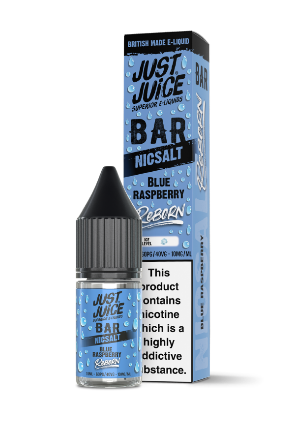 Just Juice Bar Reborn Blue Raspberry 10ml Nic Salt E-liquid bottle and retail box