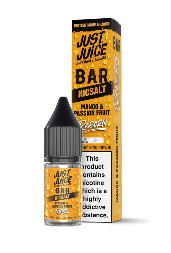 Bottle and box of Mango and Passion Fruit 10ml Nic Salt E-liquid by Just Juice Bar Reborn