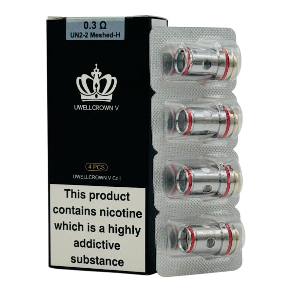 A 4-pack blister strip of Uwell Crown V meshed vape coils standing next to their black 0.3 ohm UN2-2 retail packaging box - best4vapes