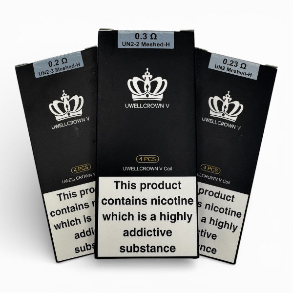 Three black boxes of Uwell Crown V replacement vape coils arranged side by side, displaying the 0.2 ohm, 0.3 ohm, and 0.23 ohm meshed coil variant packaging with nicotine warning labels - best4vapes