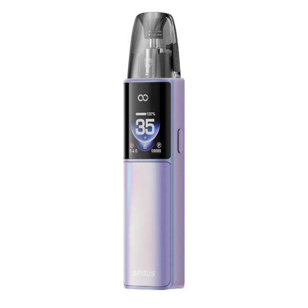 A pastel violet VOOPOO Argus G2 Mini pod vape kit isolated on a white background, featuring a clear pod tank and a vertical digital screen displaying 35 watts - best4vapes
