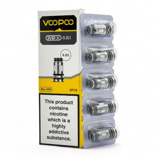 A 5-pack blister strip of VOOPOO PnP X vape coils standing next to their white and yellow 0.2 ohm retail packaging box - best4vapes