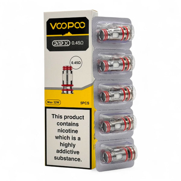 A 5-pack blister strip of VOOPOO PnP X vape coils with dual red O-rings standing next to their white and yellow 0.45 ohm retail packaging box - best4vapes