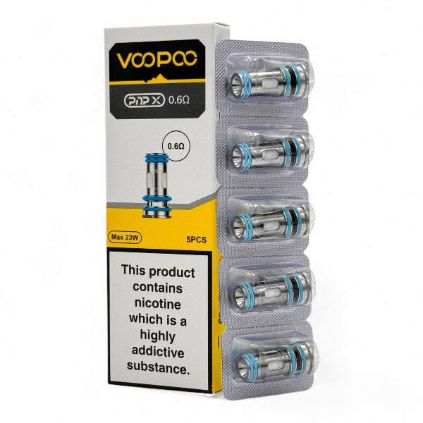 A 5-pack blister strip of VOOPOO PnP X vape coils with light blue O-rings standing next to their white and yellow 0.6 ohm retail packaging box - best4vapes