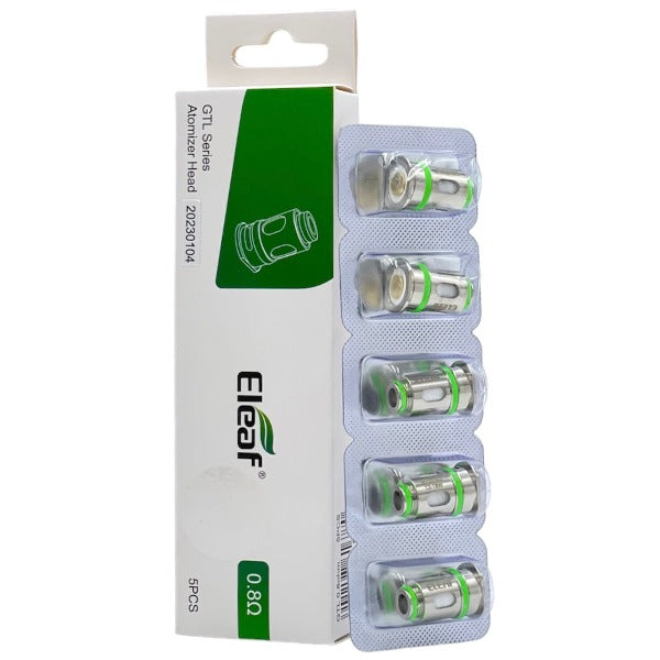 A 5-pack blister strip of Eleaf GTL Series vape coils with green O-rings standing next to their white and green 0.8 ohm retail packaging box - best4vapes