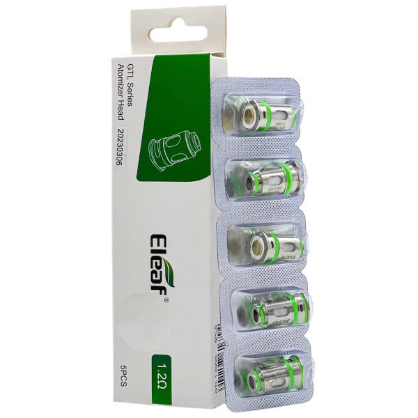 A 5-pack blister strip of Eleaf GTL Series vape coils with green O-rings standing next to their white and green 1.2 ohm retail packaging box - best4vapes