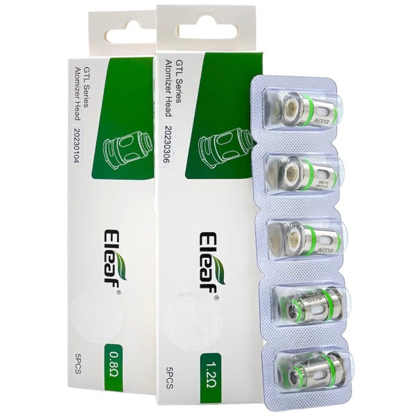 Two white and green boxes of Eleaf GTL Series replacement vape coils showing the 0.8 ohm and 1.2 ohm variant labels, displayed next to a 5-pack blister strip of green-ringed coils - best4vpes